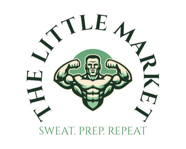Logo of 'The Little Market' with a muscular figure and text 'Sweat. Prep. Repeat' on a white background.
